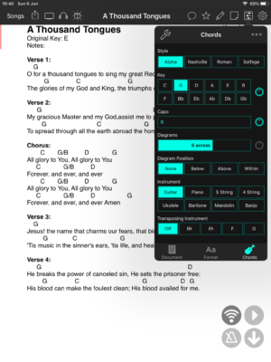 Changing the key or capo setting